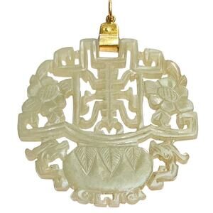 Vintage 14K Gold Nephrite Jade Carved Pendant - Auspicious Symbols
